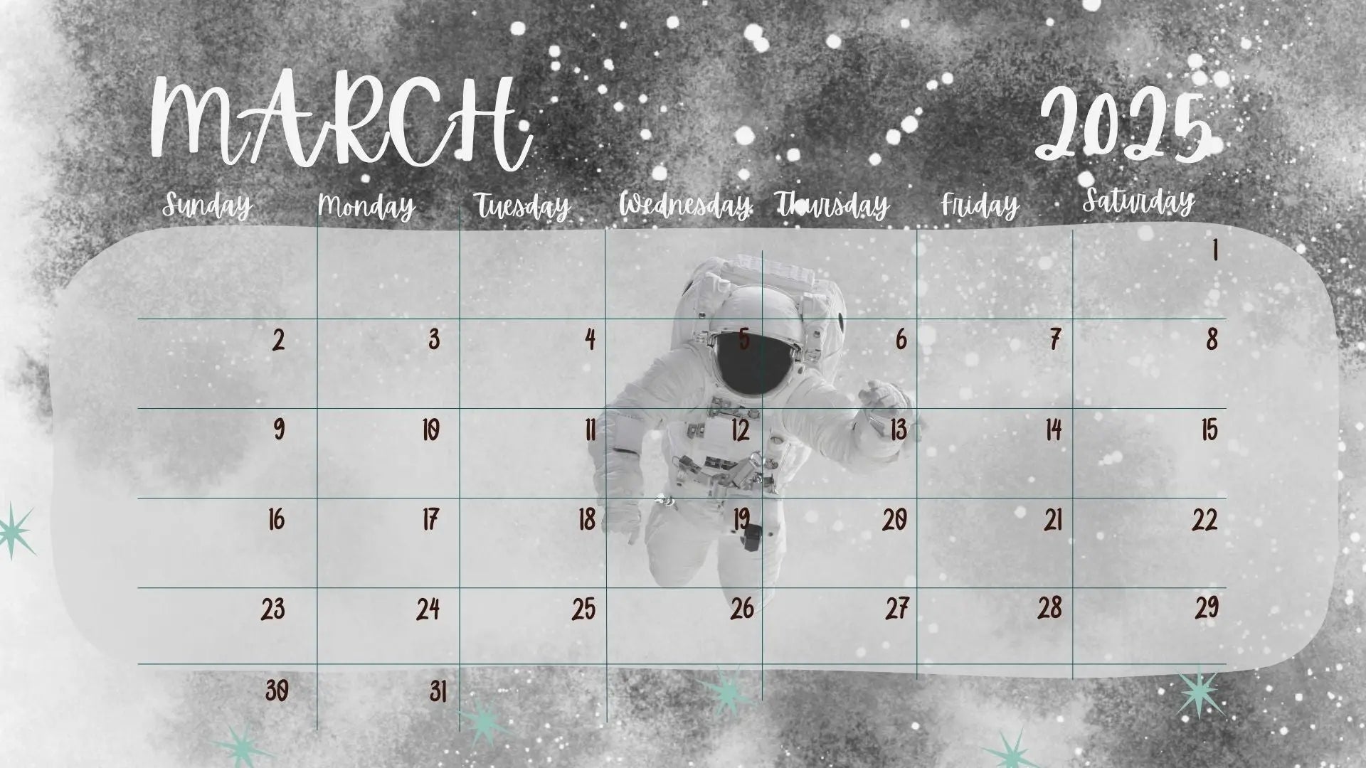 Galaxy themed Printable calendar - 2025 Forever finds